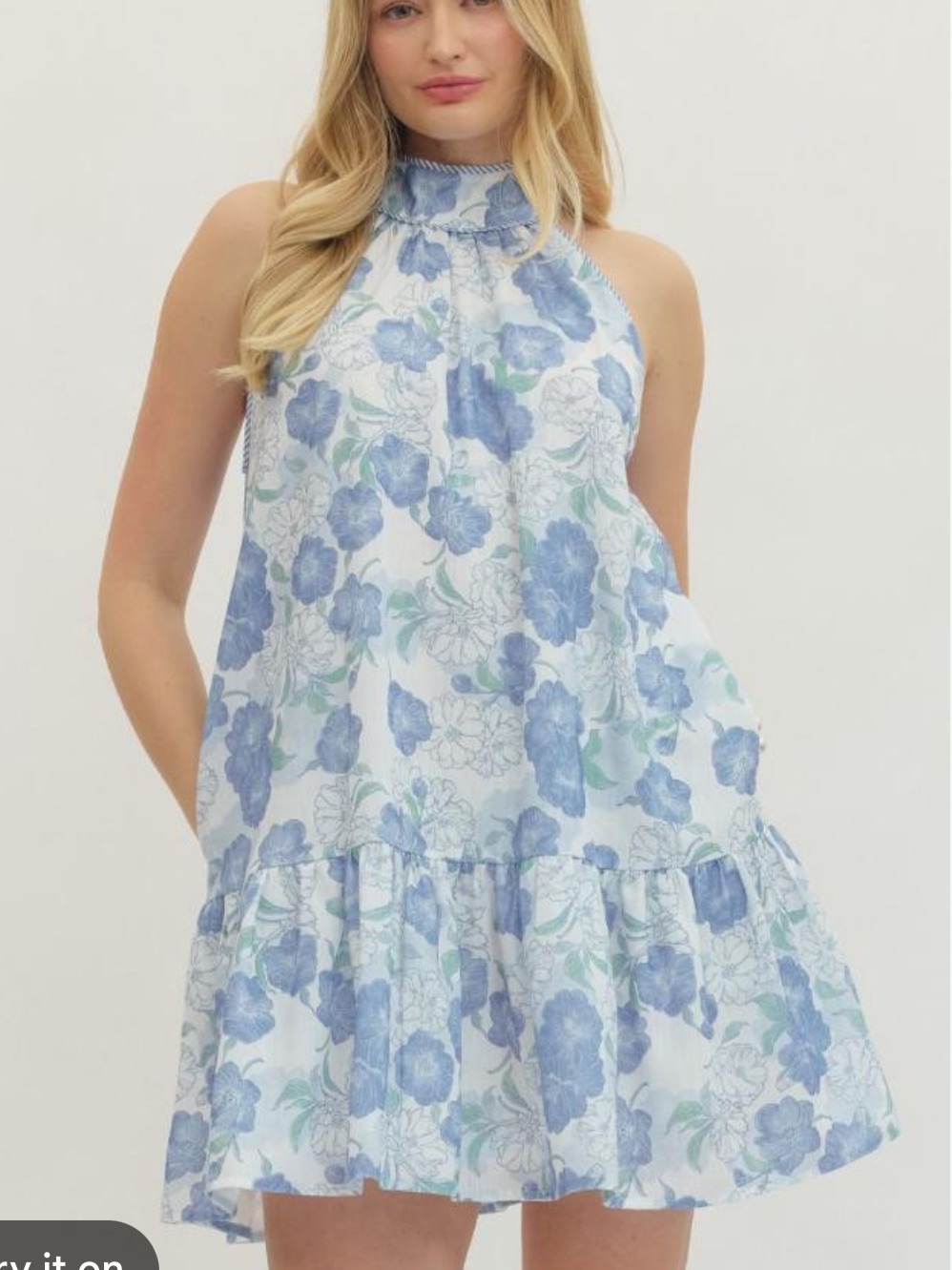 New Blue Botanical Floral Halter Mock Neck Bow Back Dress